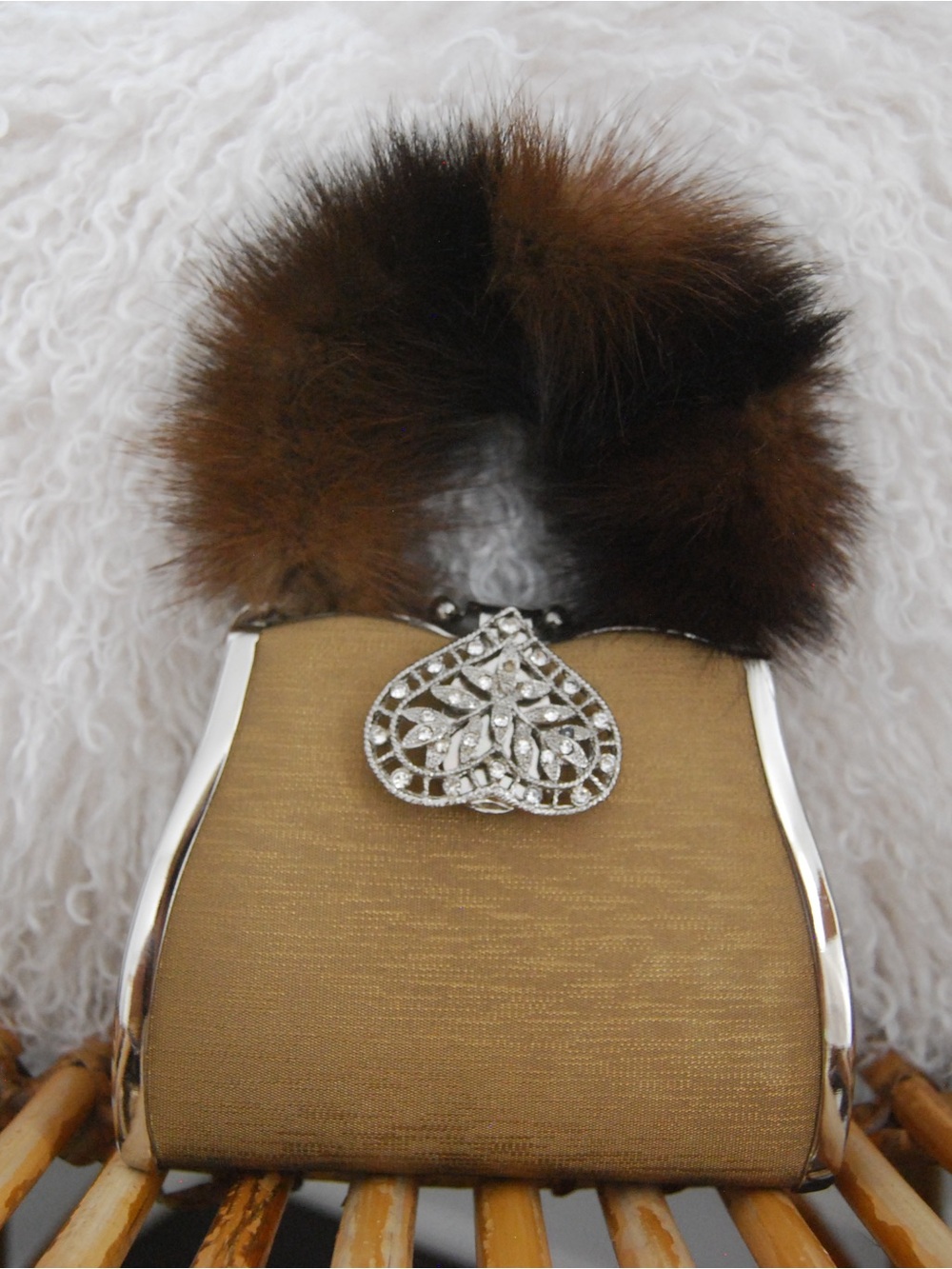 Vintage-Inspired Gold Evening Minaudière with Fur Handle